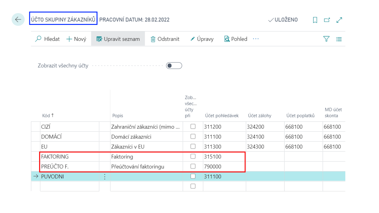 Účtoskupiny pro faktoring