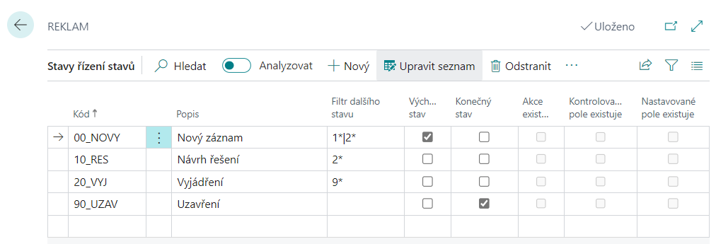 Nastavení Řízení stavů - stavy Řízení stavů