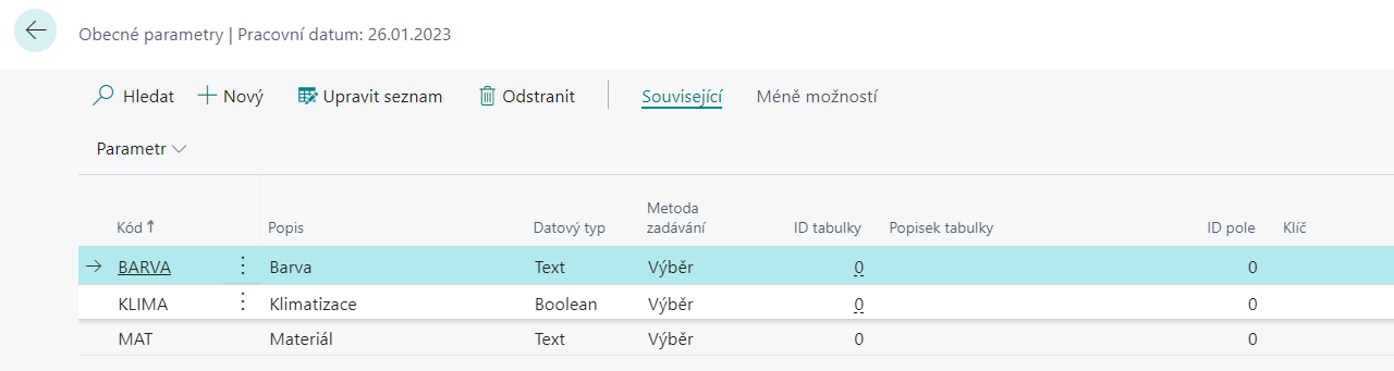 Přehled obecných parametrů