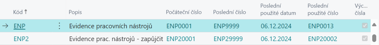 Evidence nástrojů a pomůcek - přidání číselné řady