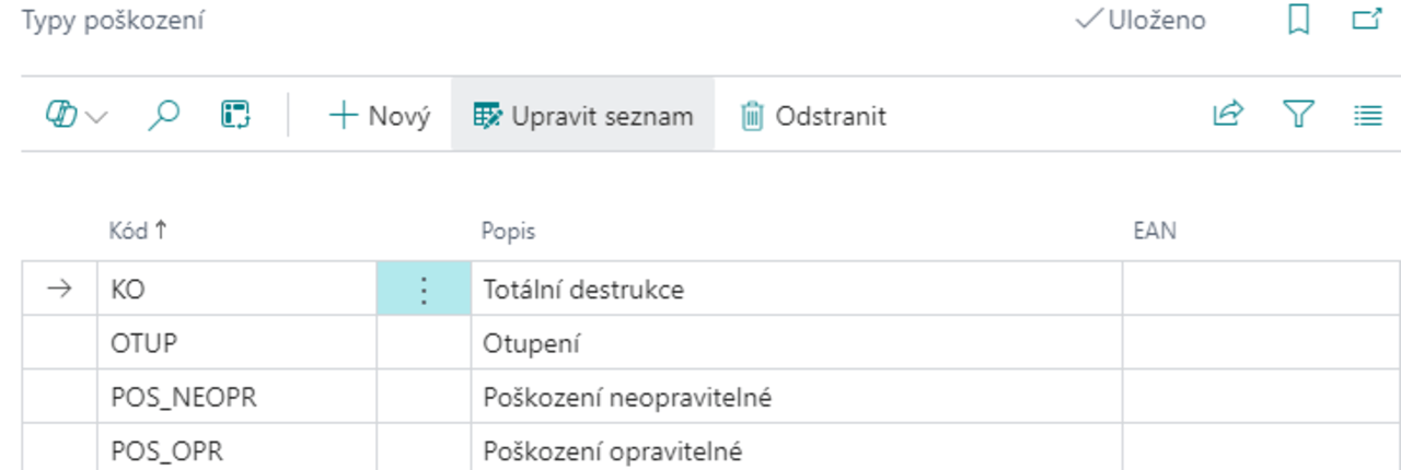 Evidence nástrojů a pomůcek - Nastavení typů poškození