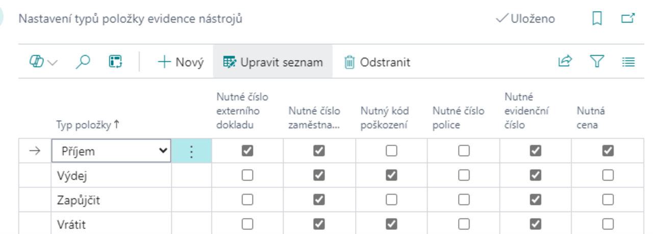 Evidence nástrojů a pomůcek - nastavení typů položky