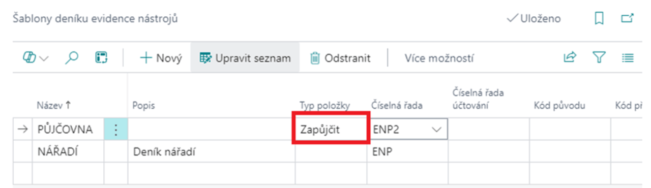 Evidence nástrojů a pomůcek - nastavení šablony