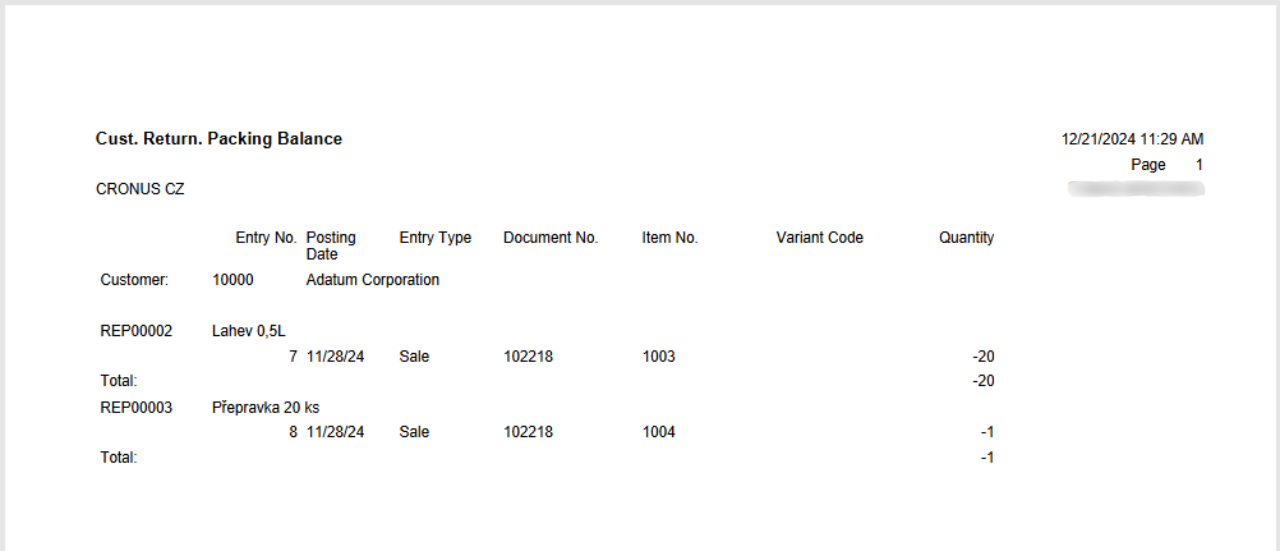 Cust. Return. Packing Balance print