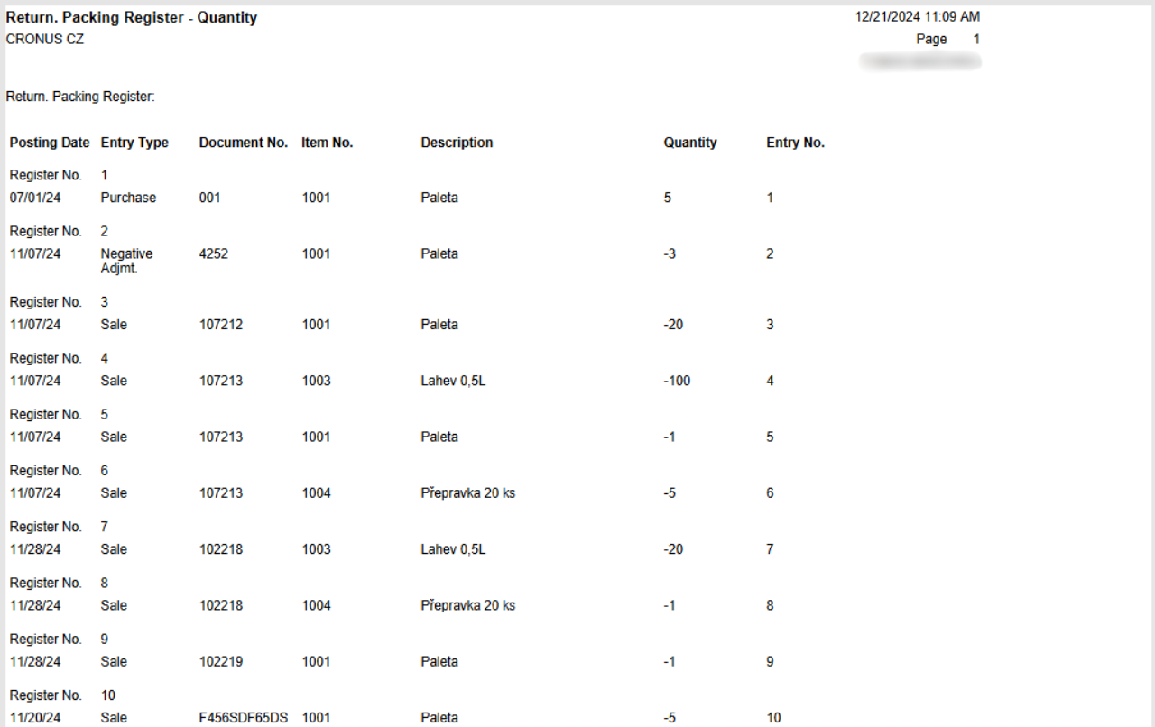 Return. Packing Register - Quantity print
