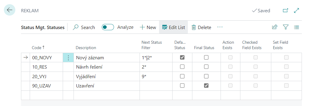 Status Management Settings - State Control Statuses